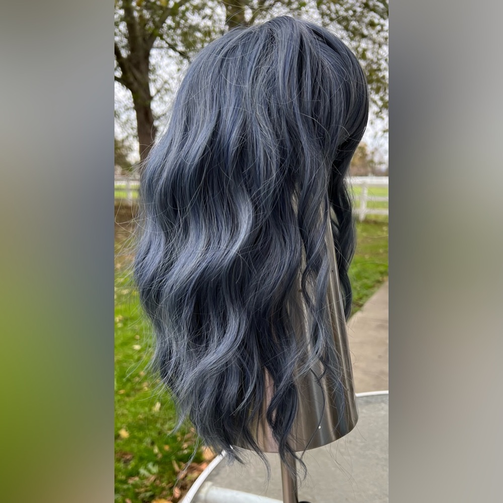 Dark Blue w/ Silver, Dark Brown Realistic Wavy Synthetic Wig w/ Fringe Gorgeous!